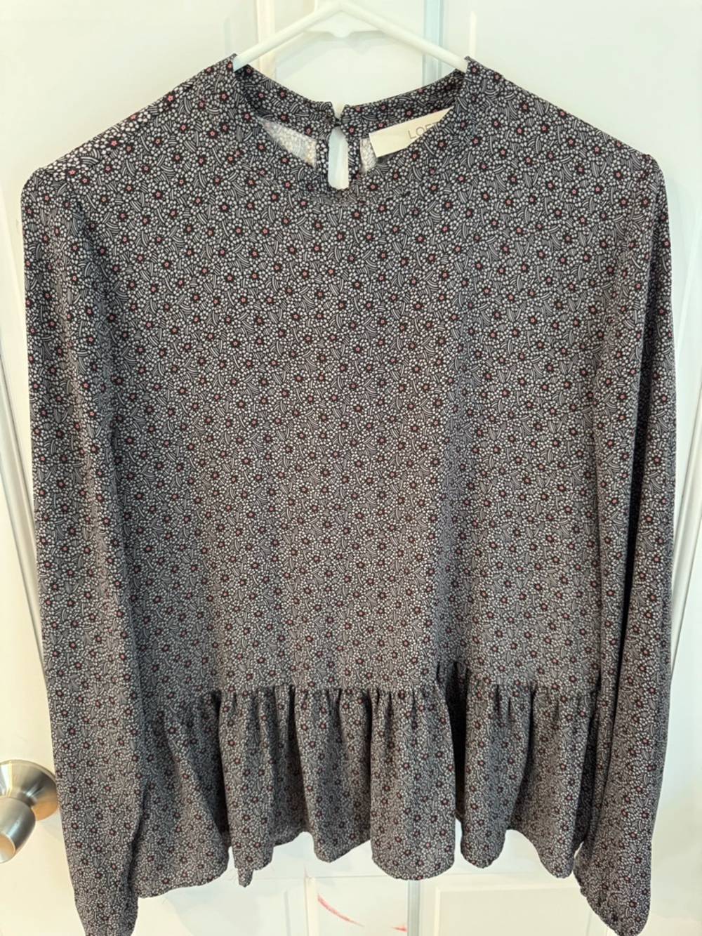 LOFT Black Floral Print Blouse with Pink Accents